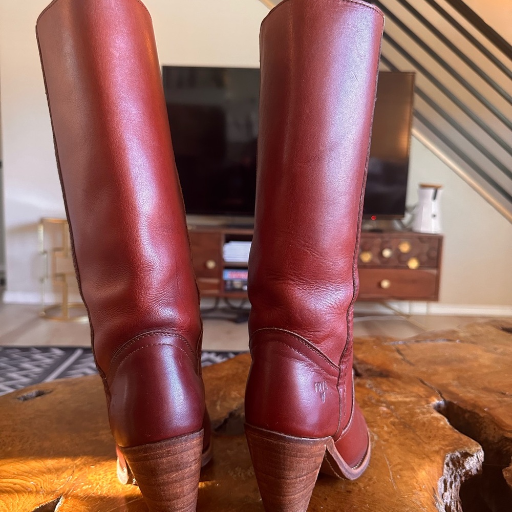 Frye Tall Burgundy Leather Stacked Heel Boots - Picture 4 of 5
